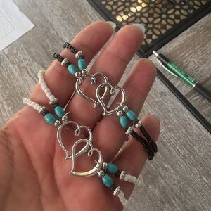 New, Heart Charm Anklet w/Turquoise, choice of white or black Black Beads